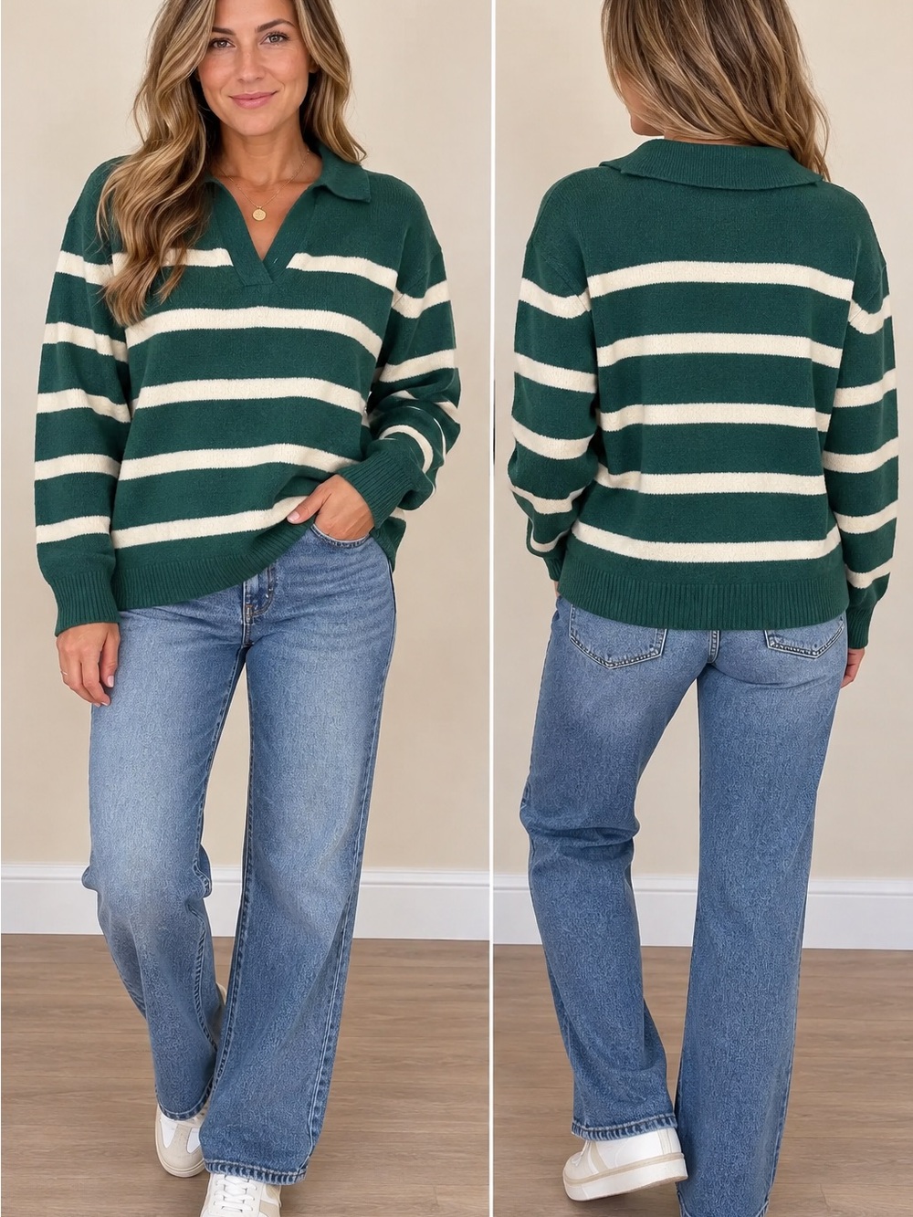 Collared Striped V-Neck Sweater in Forest Green & Cream